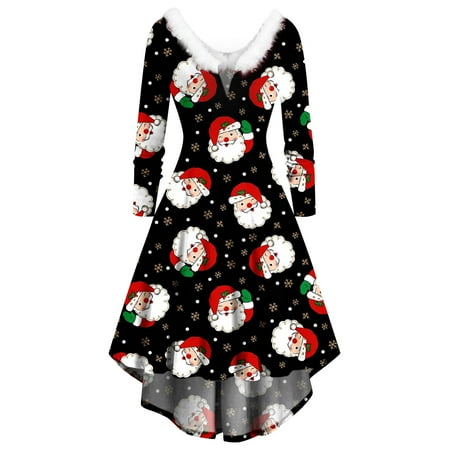 

Honeeladyy Women Long Sleeve Christmas Printed Furry V-Neck Draw Back Swing Party Dress Sales