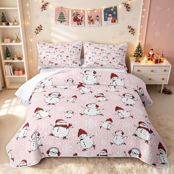 Erosebridal Cute Snowman Twin Quilt Set, Holiday Winter Twin Coverlet Set, Light Pink, 2 Pieces, 1 Bedspread and 1 Pillowcase