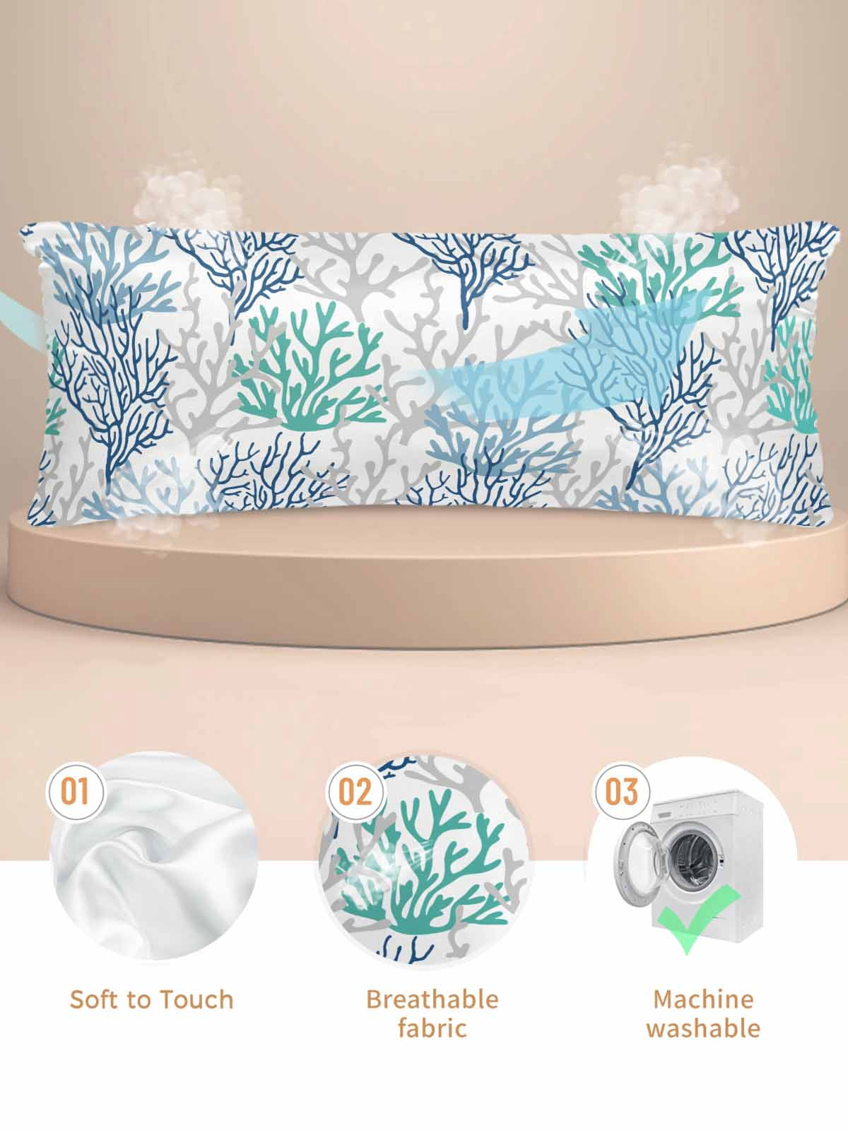 Blue Teal Grey Coral Coastal Pillow Cases Body Size, Smooth Satin Pillowcase for Hair and Skin, Summer Beach Nautical Ocean Decorative Cooling Bed Pillow Covers with Zipper, 20x54 Inches