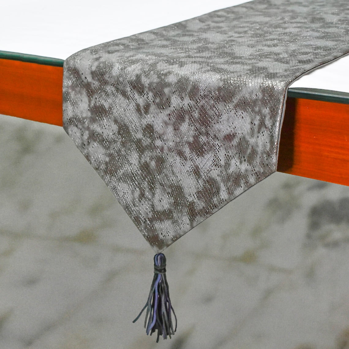 The HomeCentric Decorative Grey & Silver Table Runner Coffee Table Runner (14 x 36 inch), Metallic Leather, Animal Pattern, Tassels, Faux Leather fabric Table Linen, Animal Modern- Charcoal Chrome