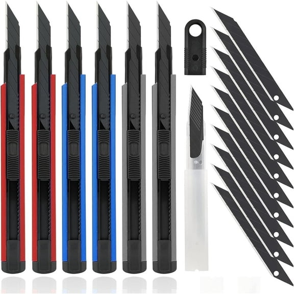 DOWELL 6-Piece Retractable Utility Knife, 20-Piece 9mm Snap-Off Blades, Box Cutter Heavy Duty Aluminium Handle Cutting Cardboard Boxes or DIY