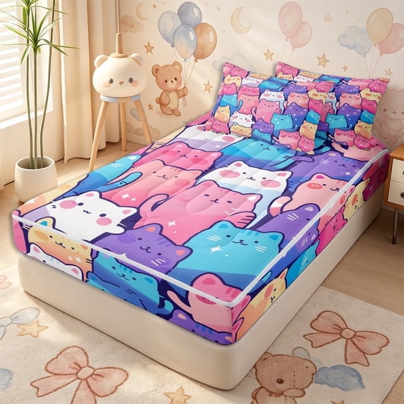 Erosebridal Rainbow Chubby Cartoon Cat Zipper Twin Comforter Sets with Fitted Sheet and 2 Pillowcases,Star Gradient Zipper Bedding Set,Pastel Purple Blue,4-Piece,Reversible