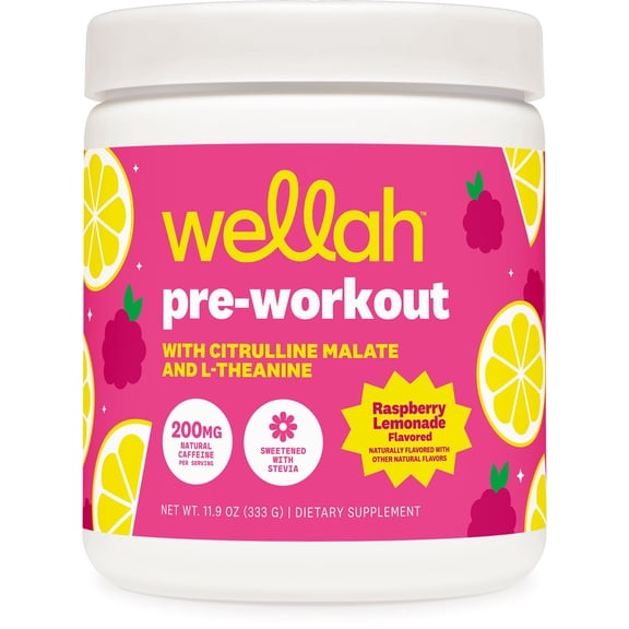 Wellah Pre-Workout Drink Mix (Raspberry Lemonade Flavored, 30 Servings) - with Citrulline Malate and L-Theanine, 200mg of Natural Caffeine & 1000mg of Beta-Alanine