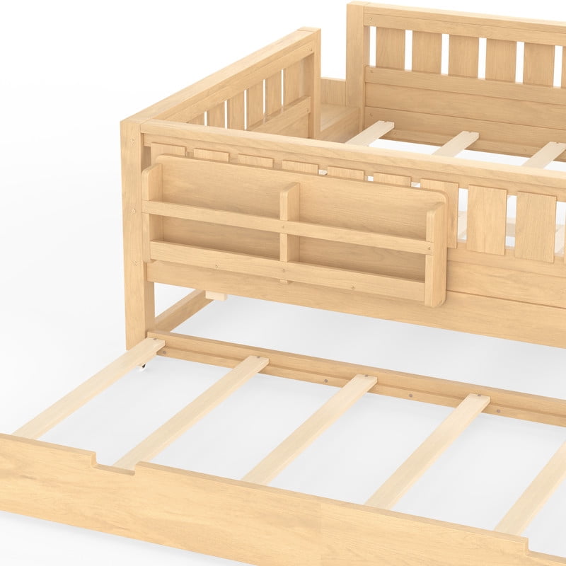 Queen Size Low-Profile Kid's Platform Bed with Built-in Bookshelves & Small Staircase, Wooden Bed Frame with Safety Rails & Trundle