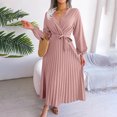 thumbnail image 6 of qafoshin Fall Pleated Dresses for Women V Neck Long Sleeve Midi Dress Waistband Classic Ruched Dress, 6 of 7