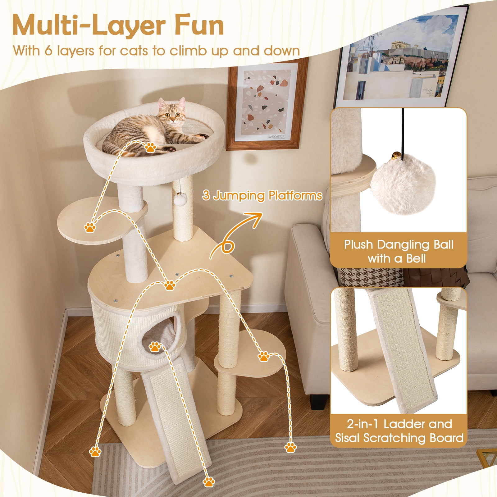 Gymax 56'' Tall Cat Tree Wooden Kitten Tower w/Sisal Scratching Posts & Mat & Ladder