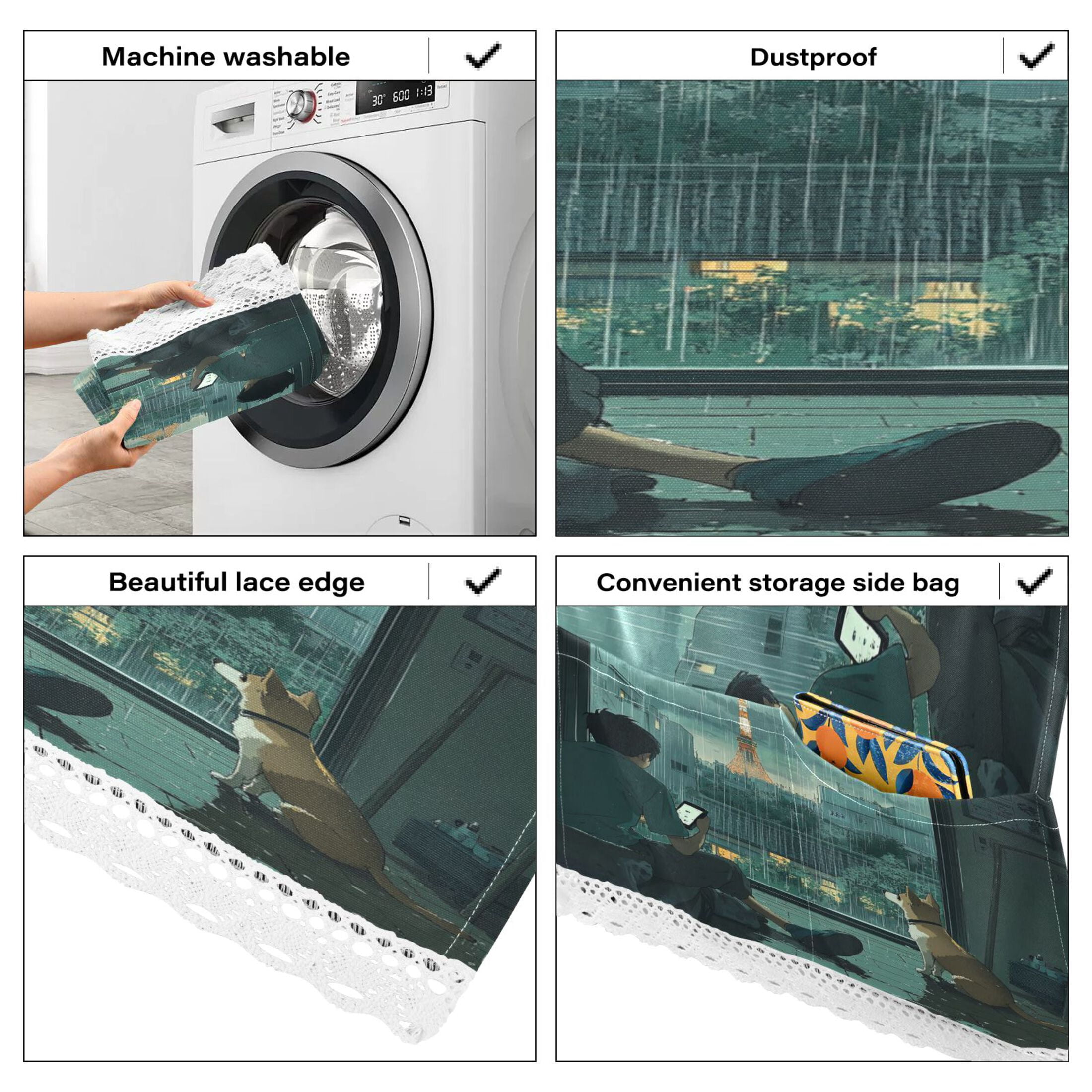 Rainy Scene Outside The WindowWasher and Dryer Covers Dust-Proof and Oil Resistant Fridge Cover with 4 Storage Pockets Washing Machine Top Cover for Laundry Kitchen Home 51.2 x 22 In