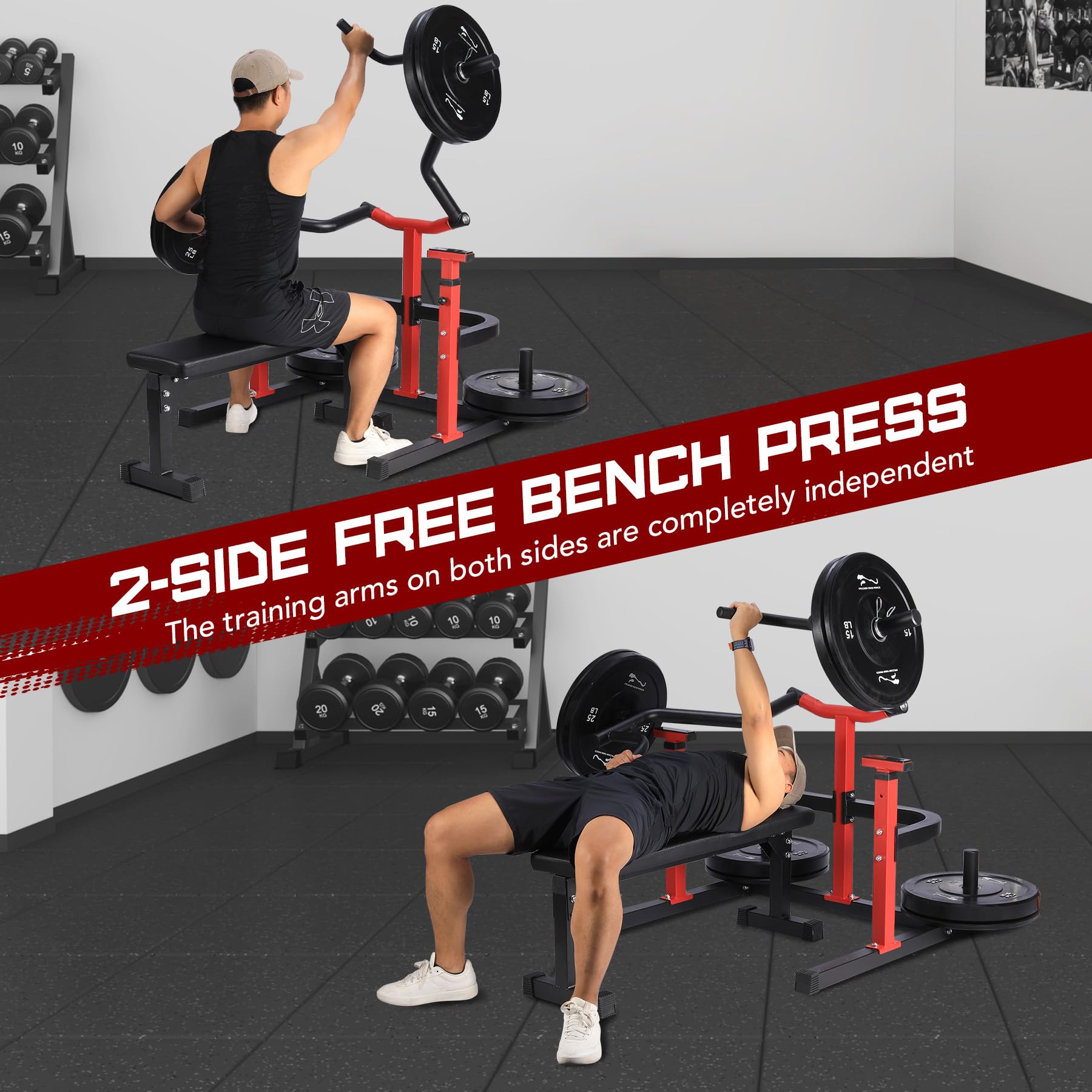 COZONY Chest Press Machine with Adjustable Flat Bench, Independent Converging Arms & Heavy-Duty Steel Home Gym Rack,Red