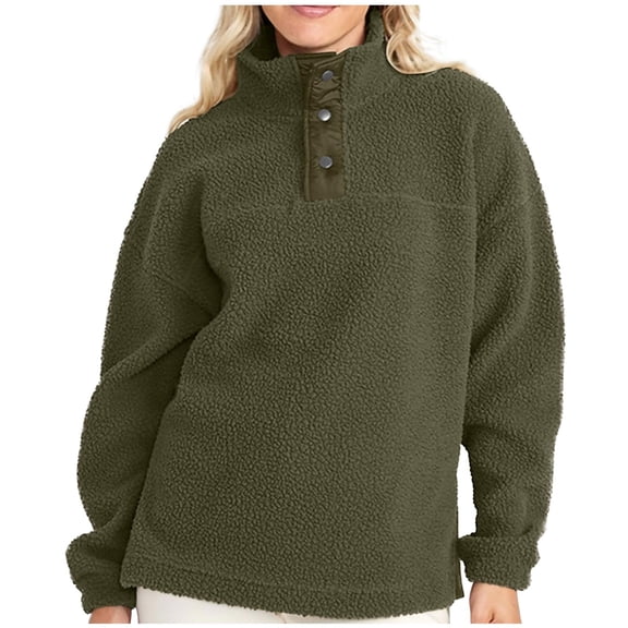 Lovskoo Women's Fleece Sweatshirt Button Front Long Sleeve Solid Color Stand Collar Zipper Faux Shearling Pullover Tops Sweatshirt Olive Green