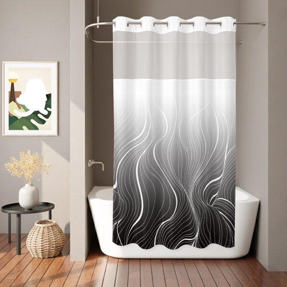 Ombre Black Stripes Shower Curtain, Striped Lines Waves Gradient Waterproof No Hooks Bath Shower Curtain with See Through Top Window for Bathroom Bathtub 36x72in