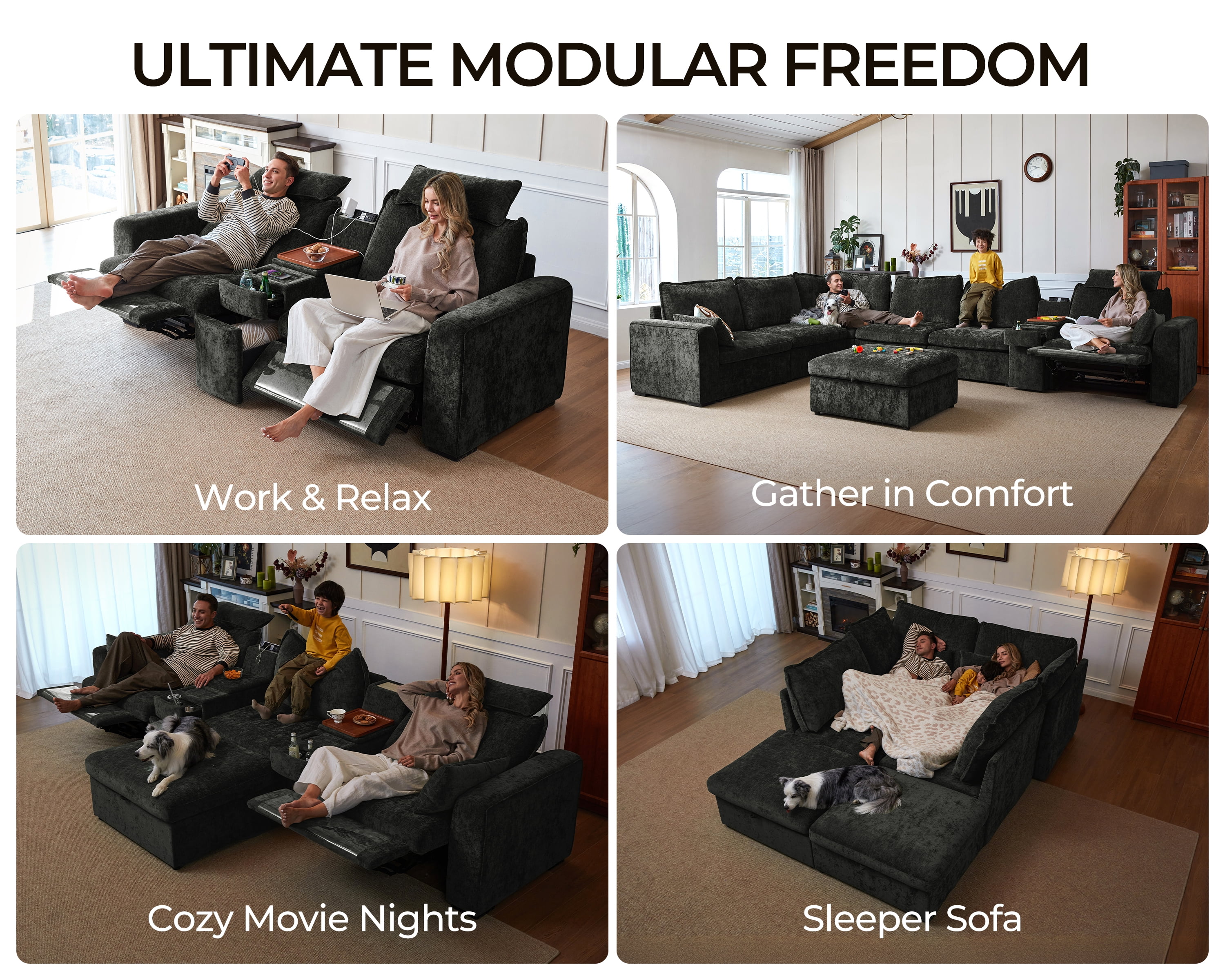BEDEEP 125'' Power Recliner Sofa with Headrest, Modular Cloud Sectional Chenille Reclining Couch, Convertible 3-Seater Sofa Couch for Living Room RV, Black