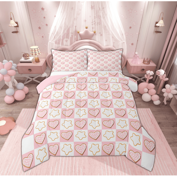 Feelyou Happy New Year Bedding Comforter Set for Teen, Princess Love Heart Twin Comforter Sets, Christmas Stars Print Reversible Bedding Set, Ultra Soft Home Decor, 2-Piece