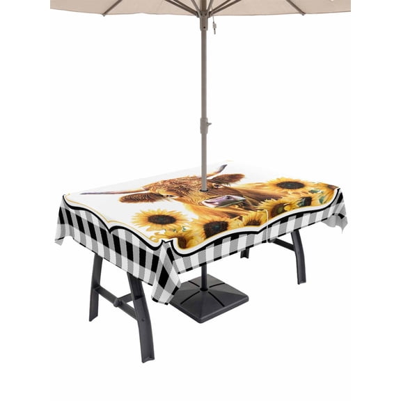 Outdoor Tablecloth with Umbrella Hole for Patio/Picnic/Party/Camping, Yellow Sunflowers Yak Waterproof Table Cloth Rectangle Table Cover Washable, Black White Checkered Pastoral Buffalo (54"x 80")