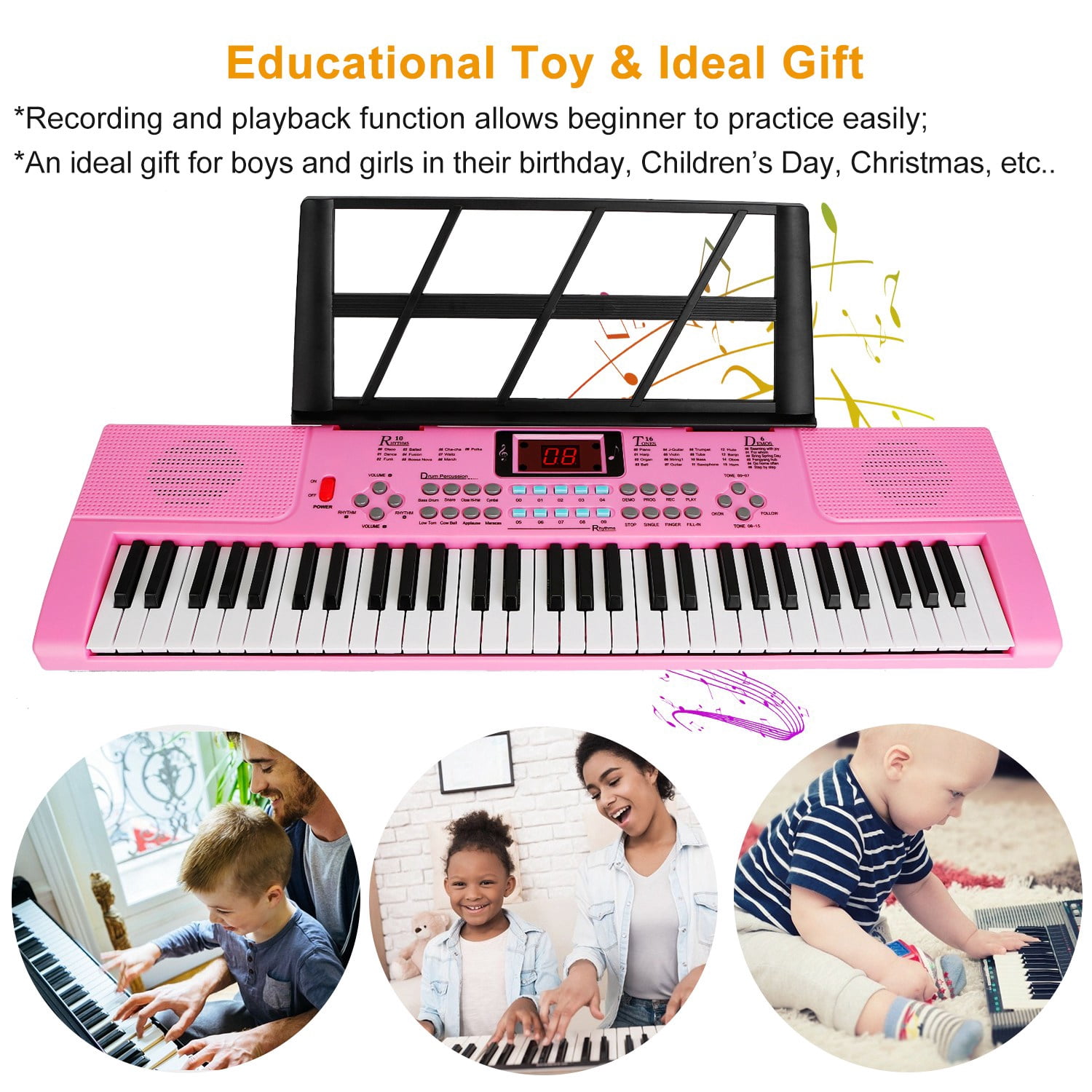 TeqHome 61 Key Electric Keyboard Piano with Microphone and Music Stand Height Adjustable Piano Keyboard Gift for Beginners Pink