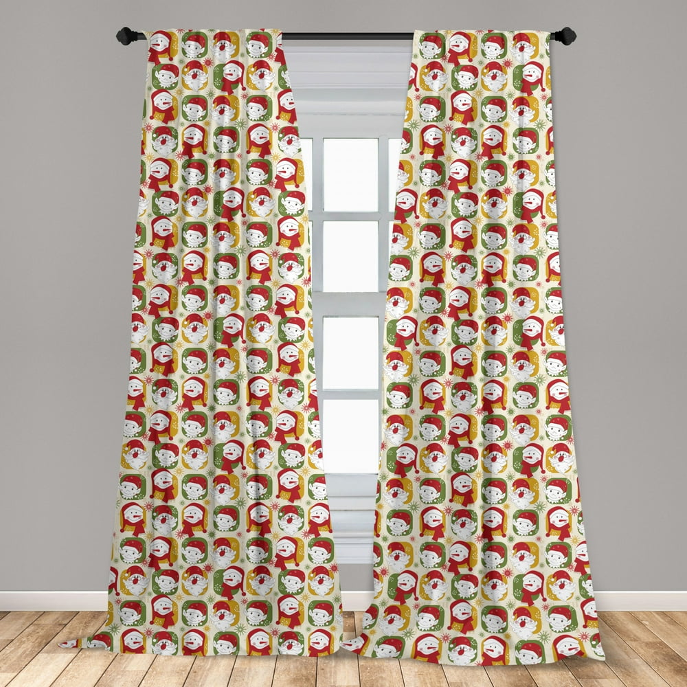 Christmas Curtains 2 Panels Set, Cheerful Faces of the New Year Santa