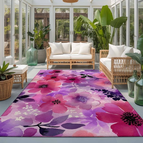 Red Purple Flower Washable Living Room Rugs 8'x10', Spring Vintage Watercolor Plant Leaf Linen Texture Washable Throw Large Area Rug Non-Slip Sturdy Edge Binding Carpet for Bedroom Dining Room Office