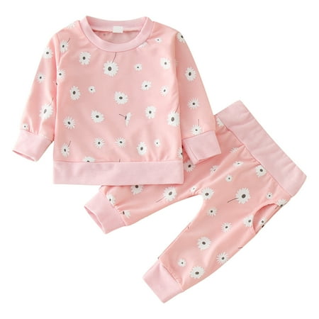 

ZHUASHUM Baby Girls Cotton Print Flower Autumn Dinosaur Long Sleeve Pants Sleepwear Set Clothes