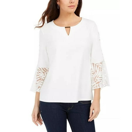 JM Collection Women's Mixed-Media Bell-Sleeve Keyhole Top White Size X-Large
