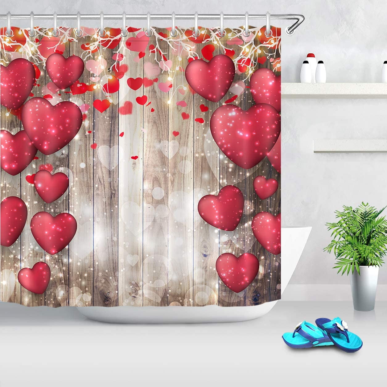 Valentines Day Colorful Roses with Wood Planks Shower Curtain Set Bathroom Decor 