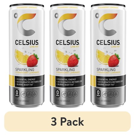 (3 pack) CELSIUS Sparkling Strawberry Lemonade, Functional Energy Drink 12 fl oz Single Can
