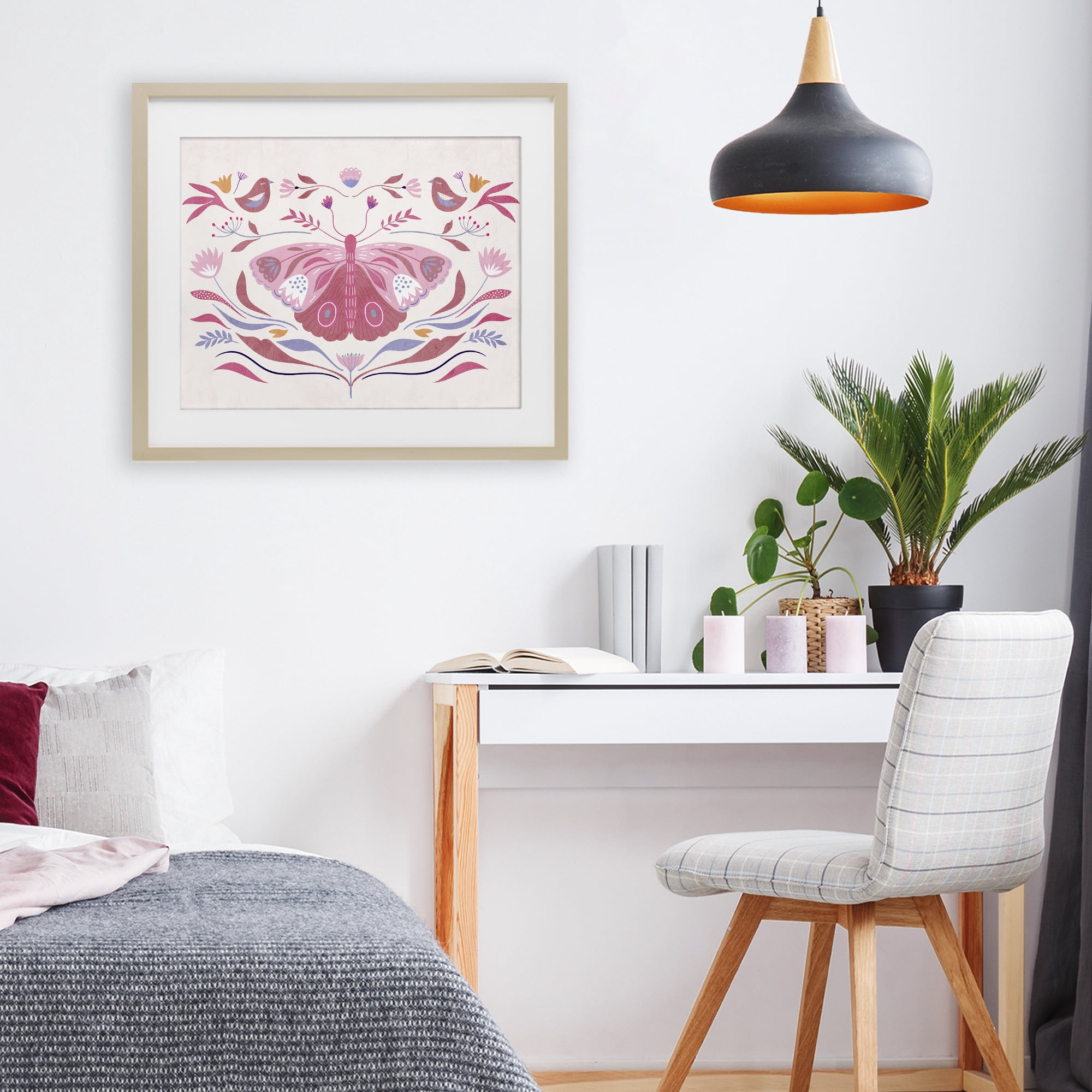 Stupell Industries Pink Boho Butterfly Birch Framed Print Under Glass, design by Kim Allen