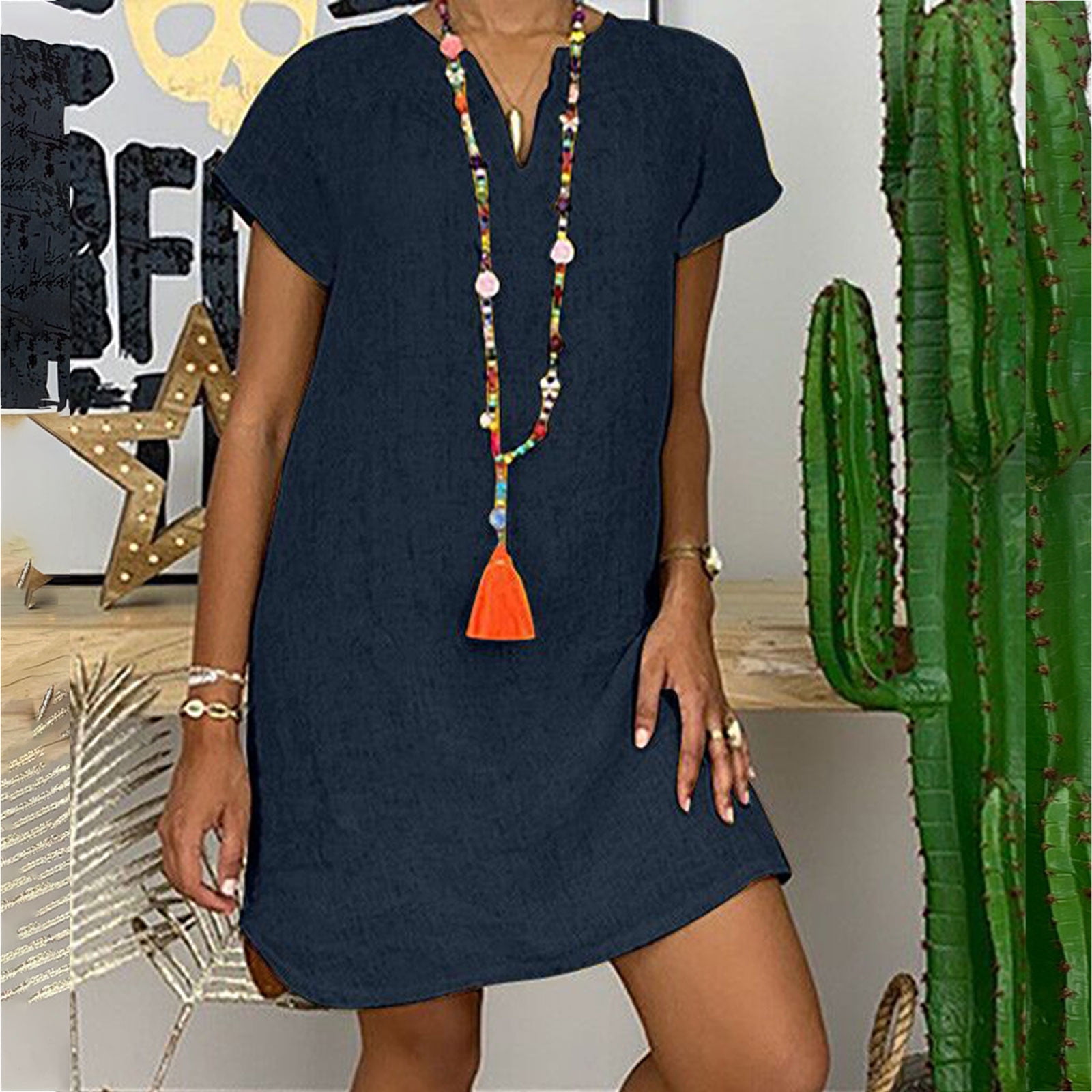 qucoqpe Women Summer Plus Size Linen Casual T-shirt Dress Solid Color V ...
