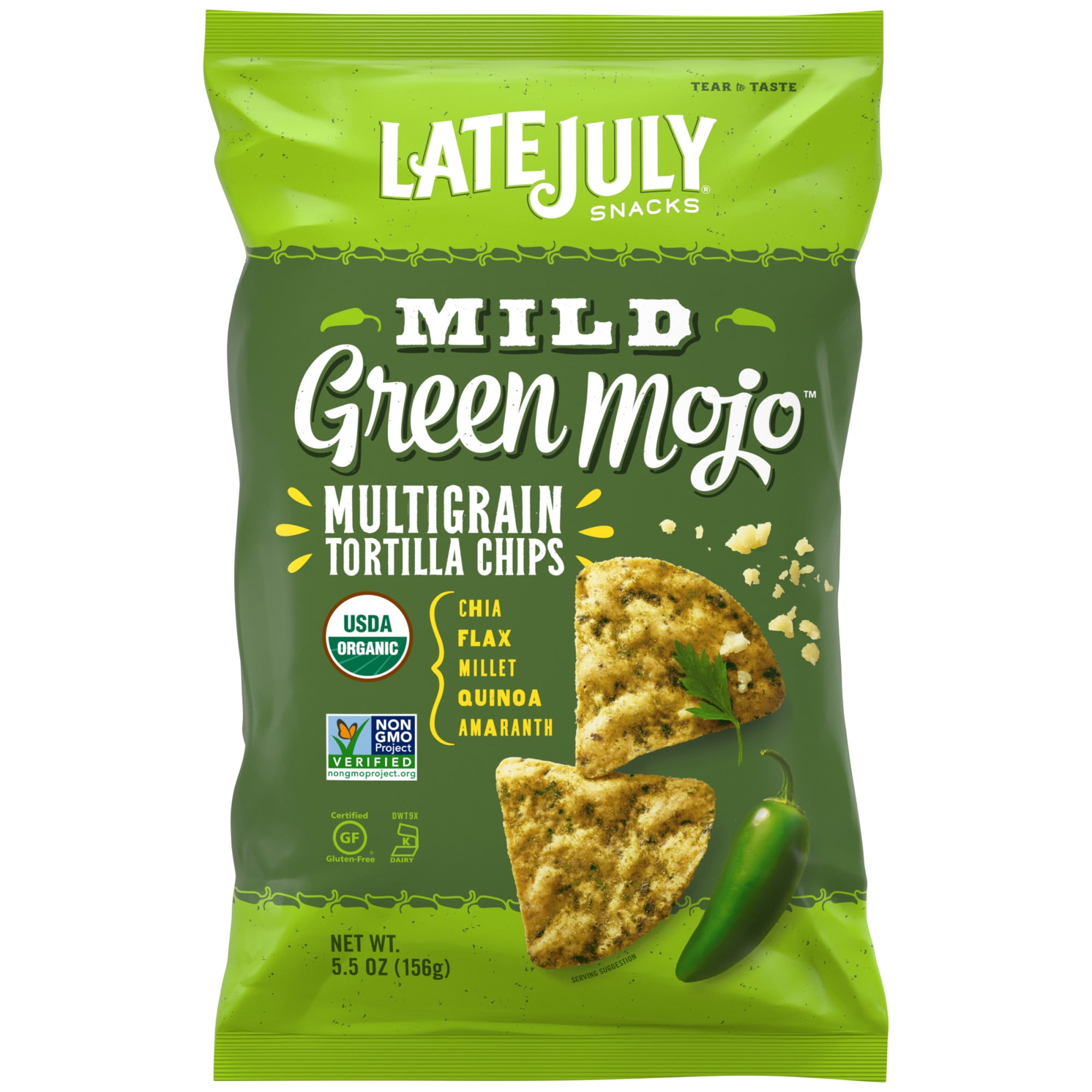 LATE JULY Snacks Multigrain MILD Green Mojo Tortilla Chips, 5.5 oz. Bag
