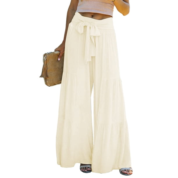 VISgogo Pantalones de pierna ancha para mujer, cintura alta, color sólido, con cordón, informal, para fiesta, club, pantalones sueltos VISgogo moda