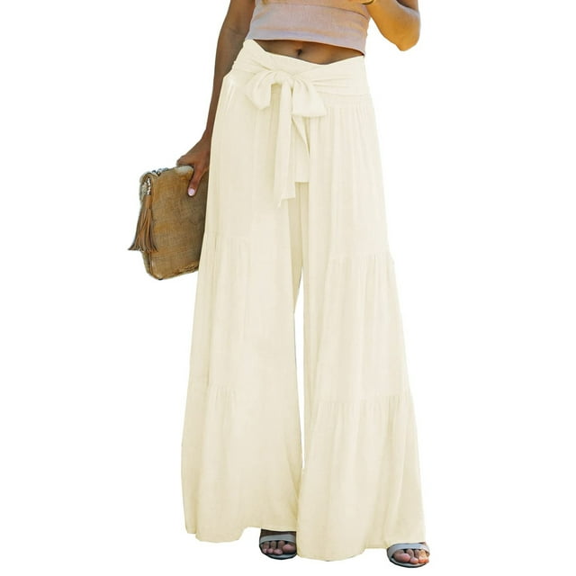 VISgogo Pantalones de pierna ancha para mujer, cintura alta, color sólido, con cordón, informal, para fiesta, club, pantalones sueltos VISgogo moda