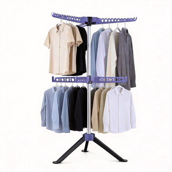 GARITIN Foldable Tripod Clothes Drying Rack, 2-Tier Folding Laundry Rack 61 Inch, 7 Arms 3 Legs, Portable Collapsible Clothing Airer for Indoor Outdoor, Blue