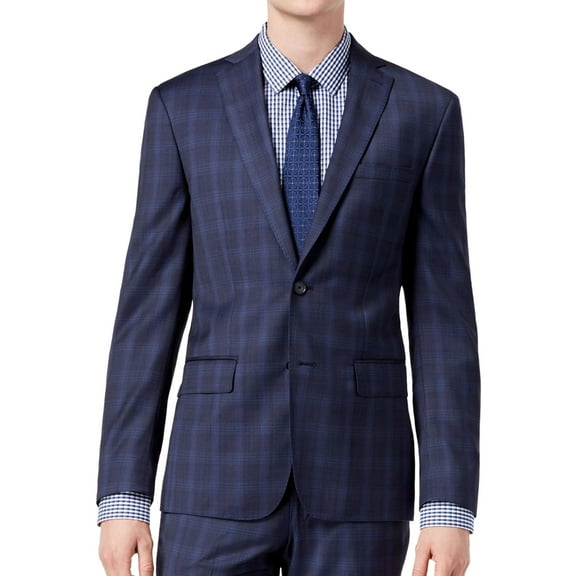DKNY Mens Plaid Two Button Blazer Jacket, Blue, 40 Regular
