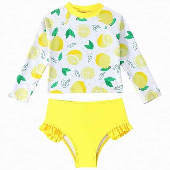 CAICJ98 Girls Swimsuit 2 Pieces Long Sleeve Rash Guard Set Bathing Suits for Toddler Girls Summer Swimwear (5-6 Years,Yellow)