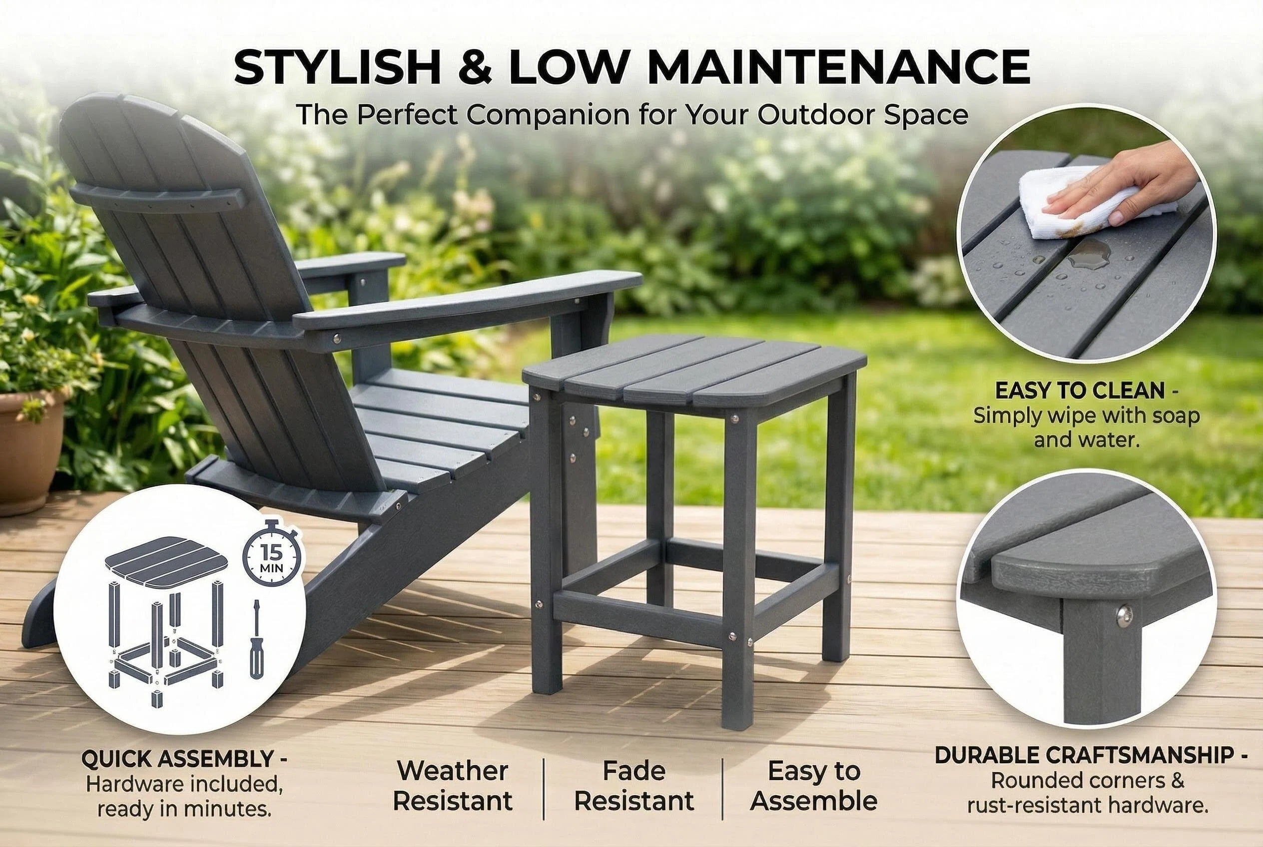 Outdoor Side Table, Patio Side Table, HDPE End Tables for Backyard Pool Porch Garden Lawn