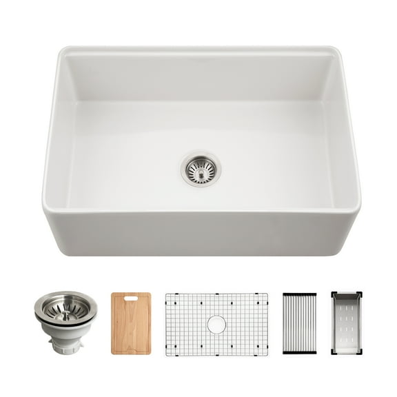 Houzer Aspire 30 in White Fireclay Apron Front Farmhouse Single Bowl Workstation Sink with Accessories - PTW-3020S WH