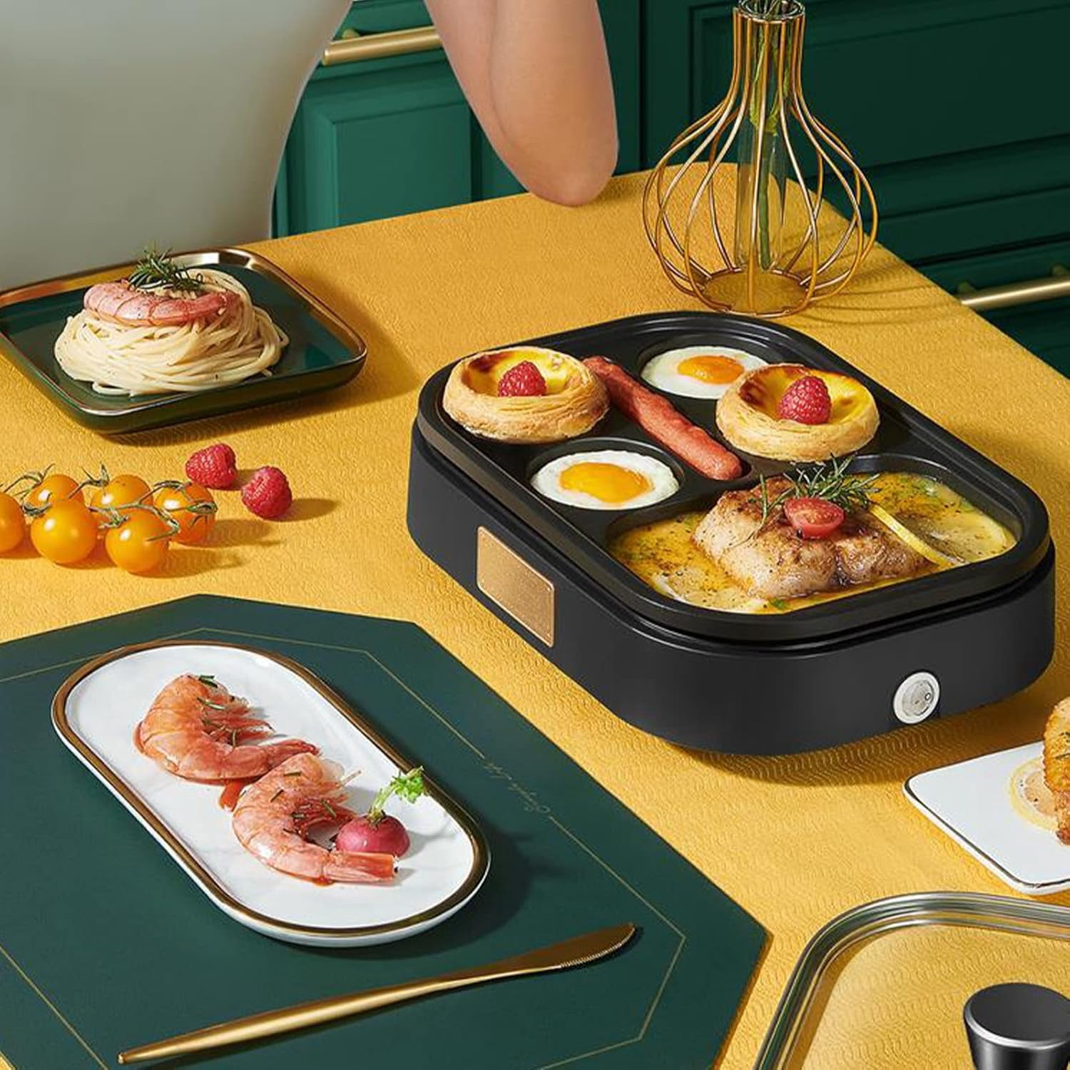 WJSP Electric Egg Cooker 6 cup Black Non Stick Frying Pan for Breakfast Lunch Dinner
