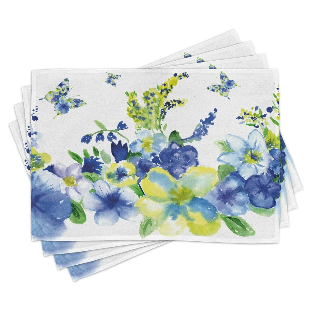 Yellow and Blue Place Mats Set of 4, Spring Flower Watercolor