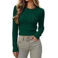 thumbnail image 2 of Bzdzmqm Women's Cropped Cable Knit Sweater Slim Fit Crew Neck Long Sleeve Ribbed Cuffs Hem Cozy Fall Winter Office Daily Wear, Green M, 2 of 9
