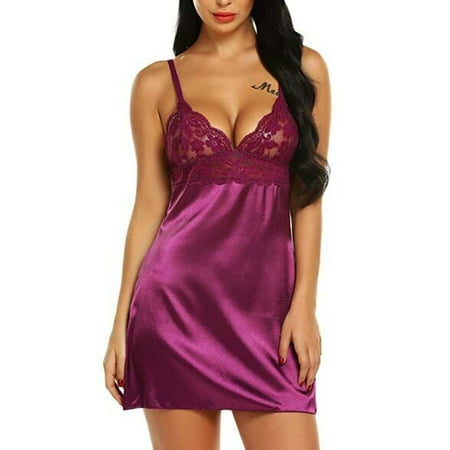 

Knosfe Lingerie for Women Floral Deep V Sexy Bodysuit Strap Satin Chemise Babydoll S