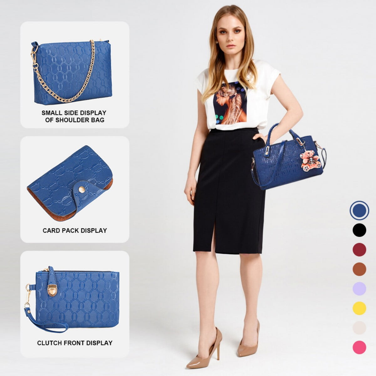 ‌4-Piece Women's Handbag Set - Leather Messenger, Tote & Purse (Rose Red)‌