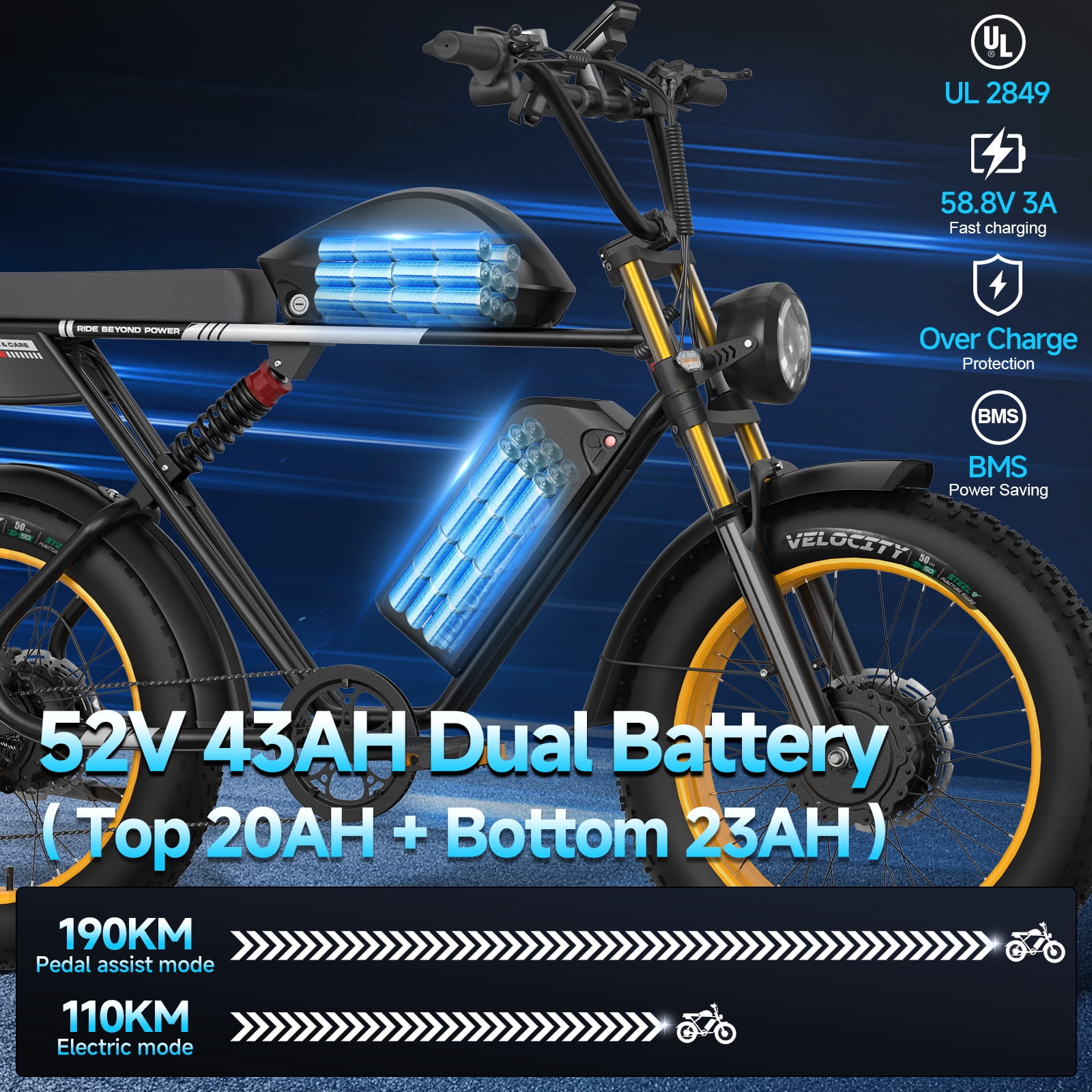 Dual Motor Electric Bike for Adults,52V 43Ah 120 Miles with Dual Hydraulic Brakes & Suspension All Terrain Ebike,3000W 35MPH Fast E-Bike,AWD Fat Tire Electric Bicycle UL2849