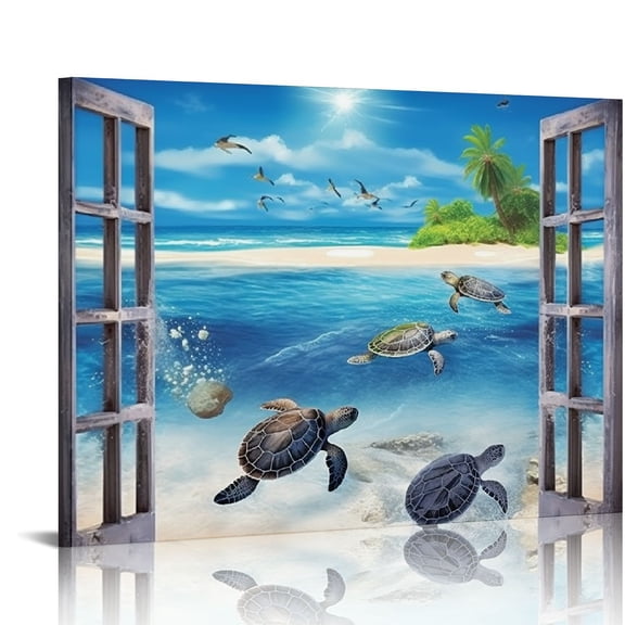RUIYC Coastal Sea Turtle Bathroom Wall Decor Beach Ocean Theme Bathroom Wall Art Sea Turtle Pictures Canvas Print Painting Framed Home Artwork Decorations For Bathroom Bedroom Kitchen Office