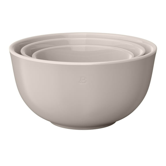 Beautiful 3-Piece Stoneware Nesting Mixing Bowl Set, Porcini Taupe by Drew Barrymore