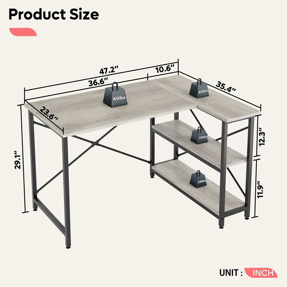 Bestier 47 inch Corner L-Shaped Desk with Storage Shelves Writing Desk Wash Grey