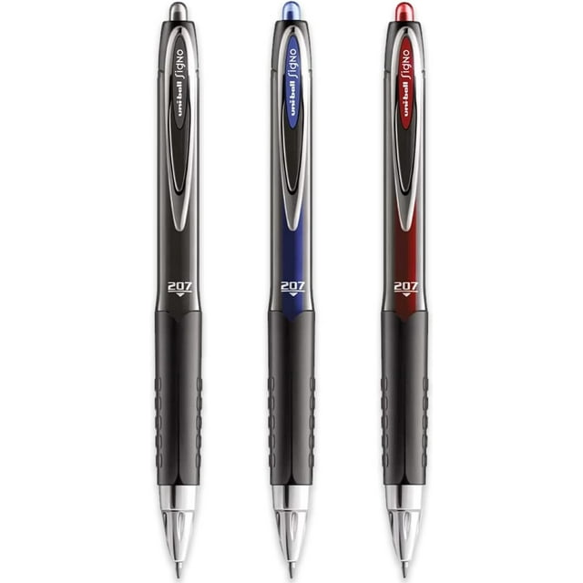 uniball Signo UMN-207 Stylos à Bille Roulante Rétractables, Pointe Moyenne, 0,7 mm, Couleurs d'Encre Assorties, Lot de 3