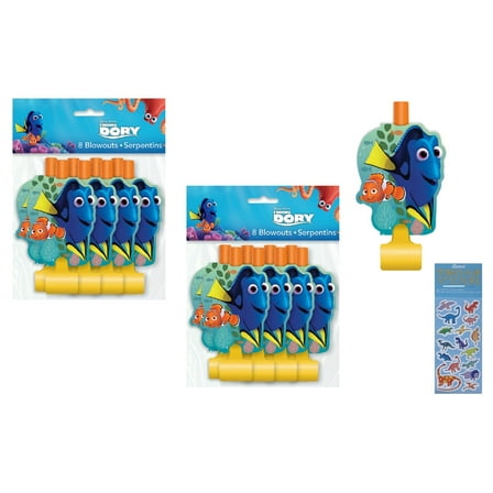 Finding Dory Birthday Party Supplies Bundle includes 16 Party Blowouts and 1 Dinosaur Sticker Sheet
