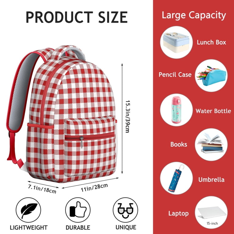 Red & White Large Leather Checkerboard Backpack Red and White Checkered Backpack for School,Cute School Bag  main image 3