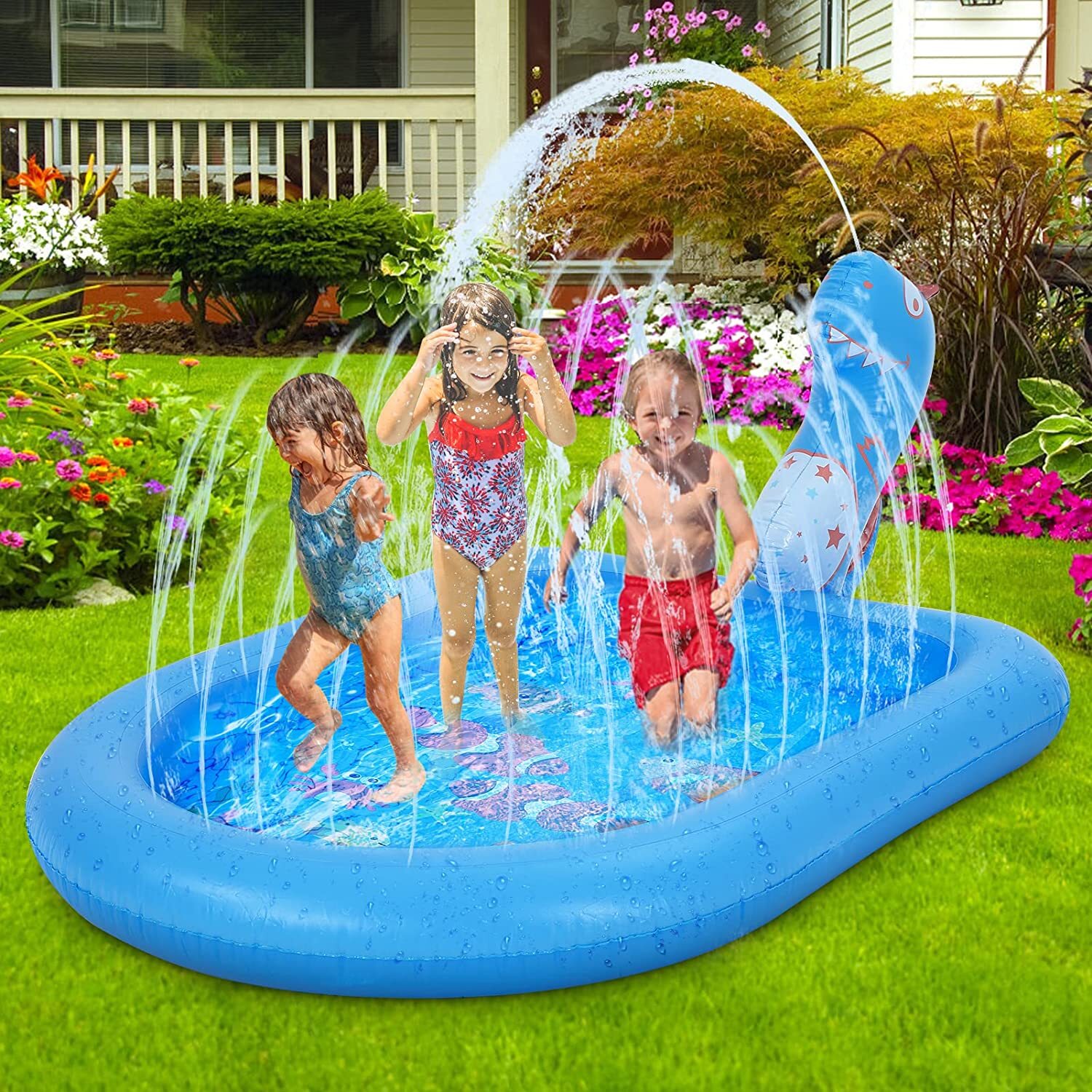 Perbyse Inflatable Sprinkler Pool for Kids, Splash Pad Dinosaur