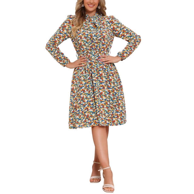 Vestido midi vintage de flores con cinturón y mangas largas de gasa con cuello atado de Allegra K para mujer XS azul y amarillo