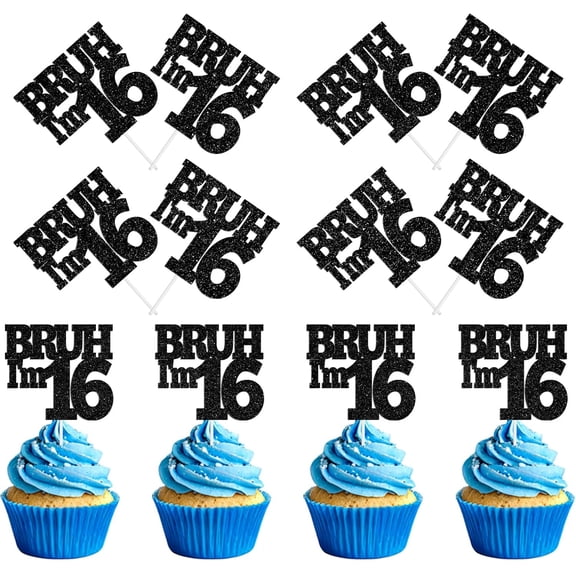 Bruh I'm 16 Cupcake Toppers, Black Glitter, 16th Birthday Party Decorations for Boys and Girls, 12 Count