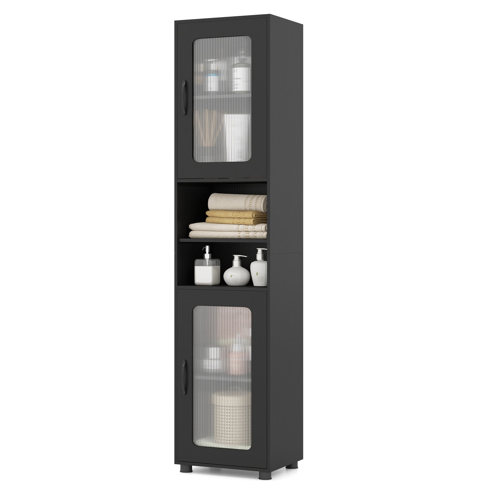 Costway Bathroom Cabinet, Slim Floor Storage Cabinet with 2 Fluted Doors,4 Rubber Feet Black